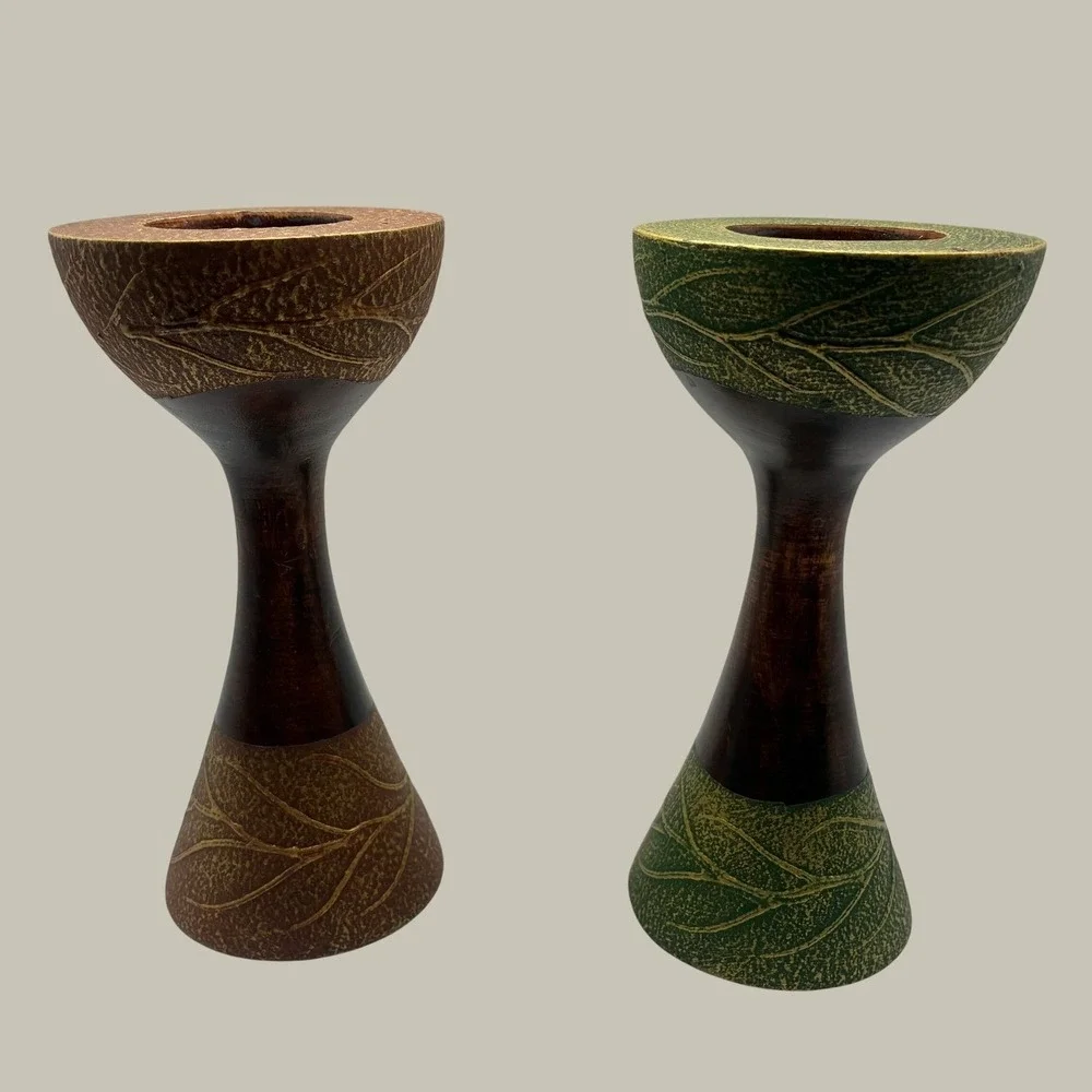 Wooden Candle Holder Set 5pc Brown Green Gold Leaf Motif Etched Decor